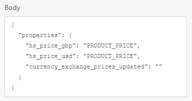 Showing Hubspot API Call modules body section with JSON object for updating Hubspot Price properties