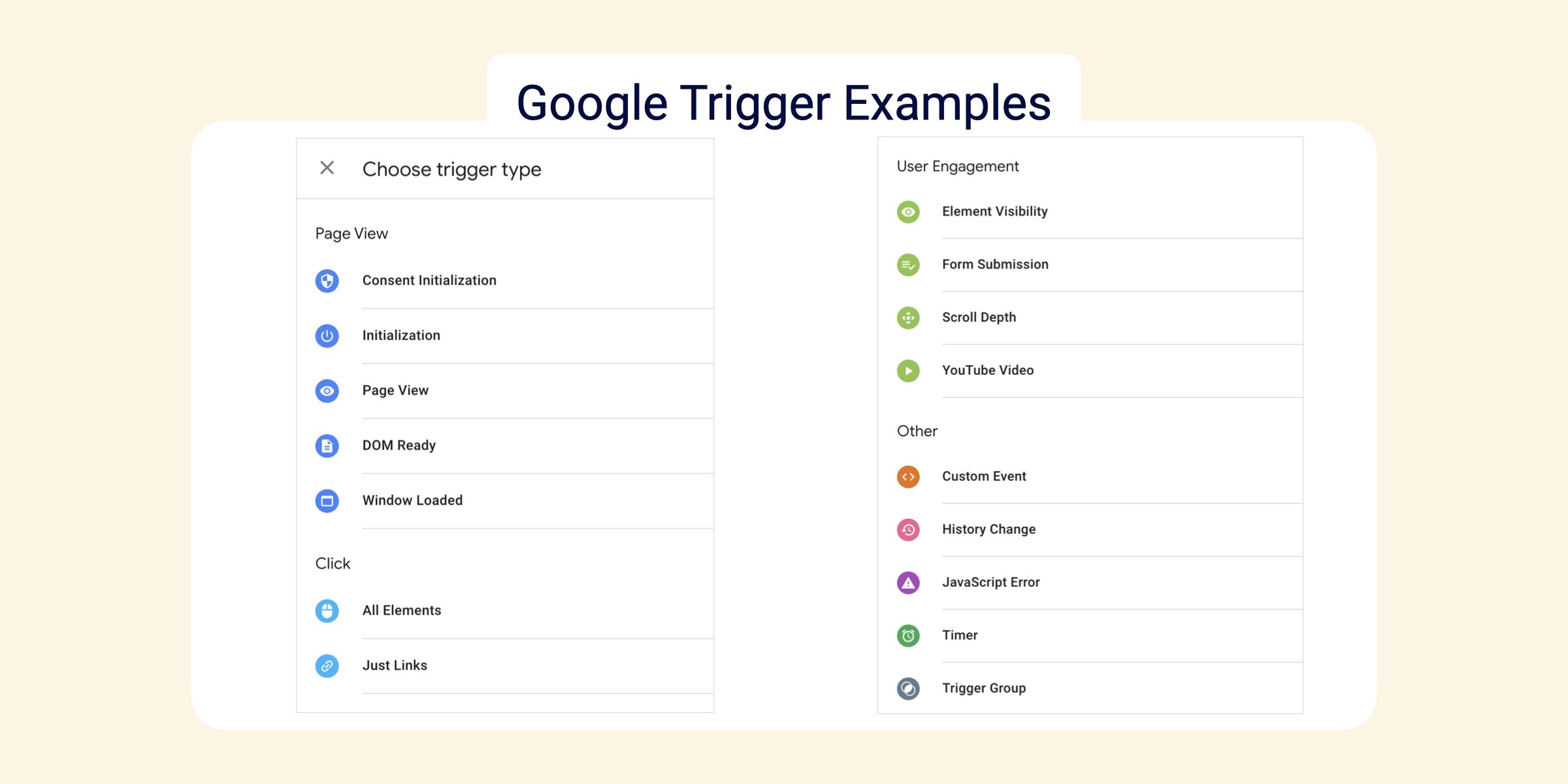 An image showing screenshots of Google Tag Manager Tag Trigger Examples