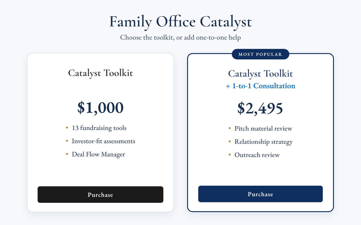 The two Catalyst purchase options: the toolkit alone, or the toolkit with a one-to-one consultation