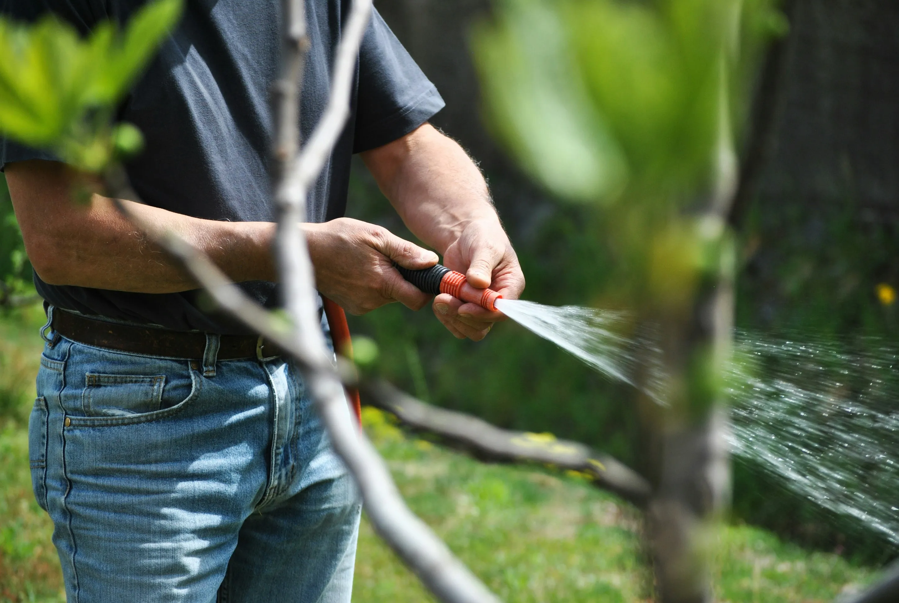 Person, die einen Gartenschlauf in der Hand hält