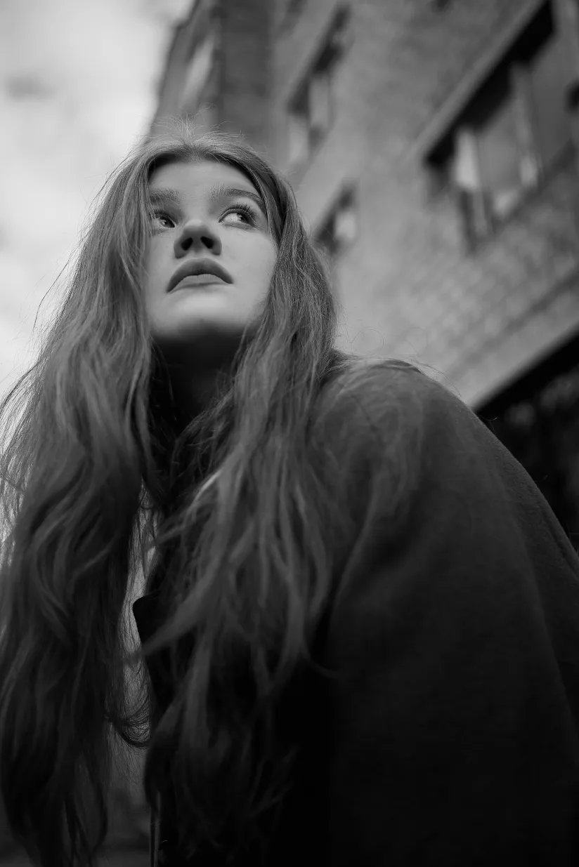 an image of woman looking up