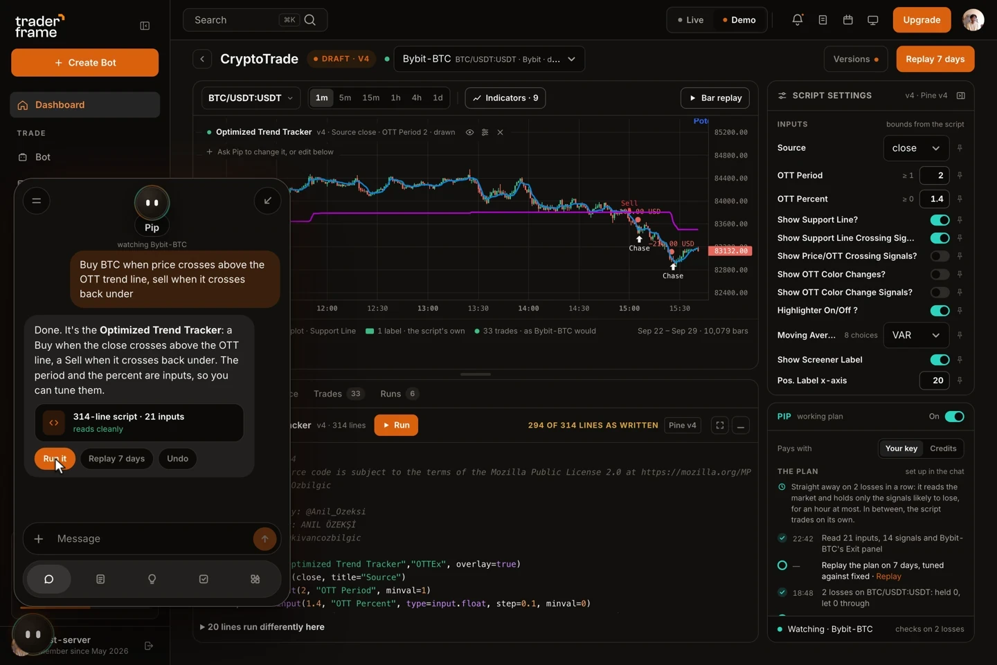 Pip writing an Optimized Trend Tracker strategy in the Trader Frame Build window