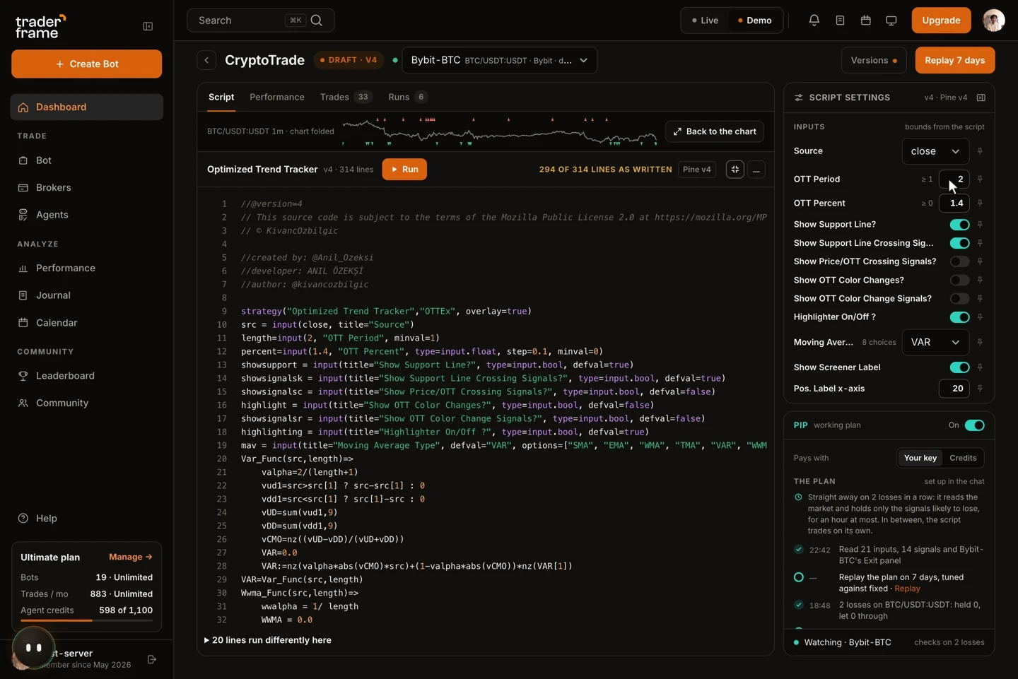The generated Pine Script open in the editor