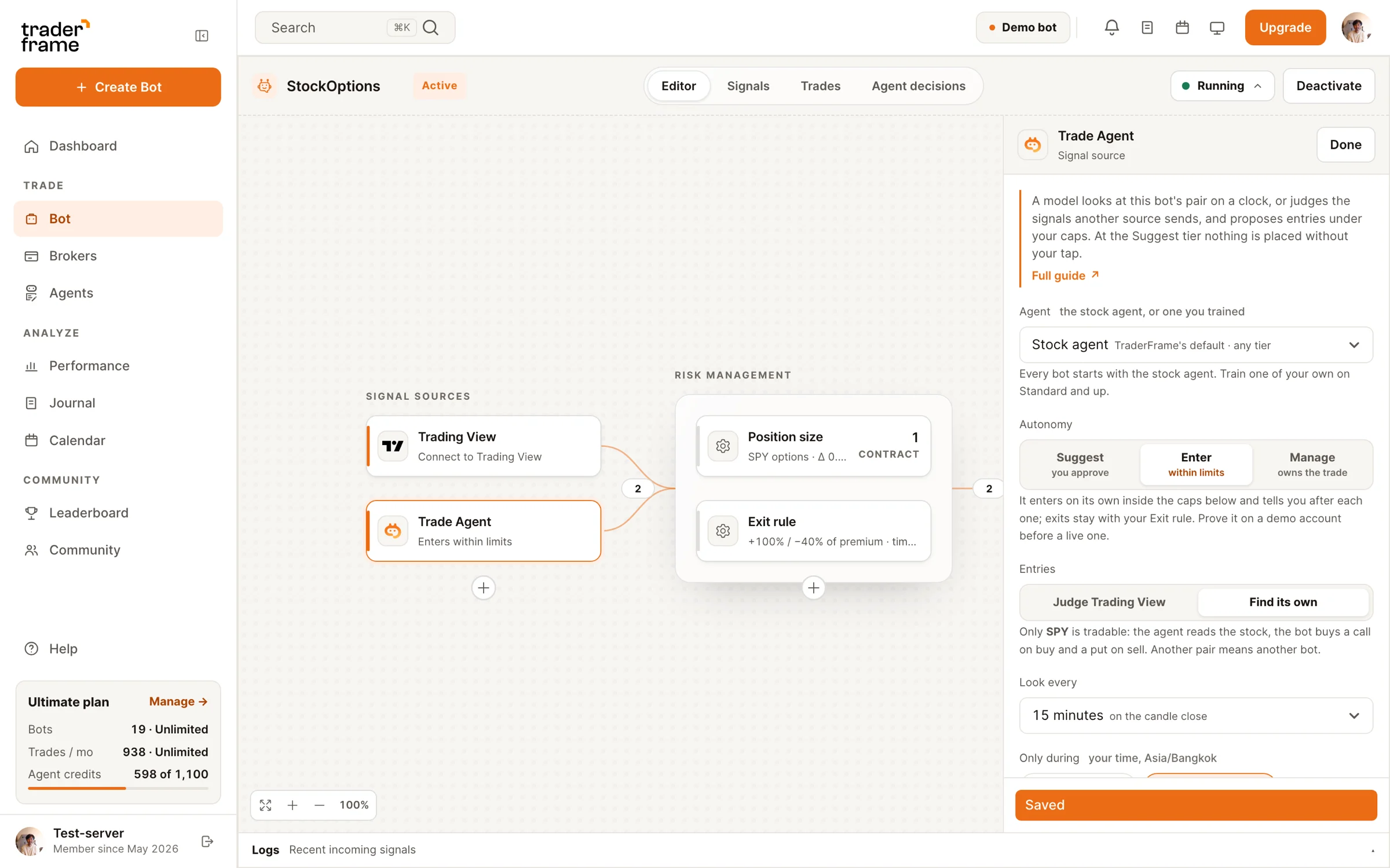 The Trade Agent panel on a bot: autonomy tier, entries, schedule and the Swing style