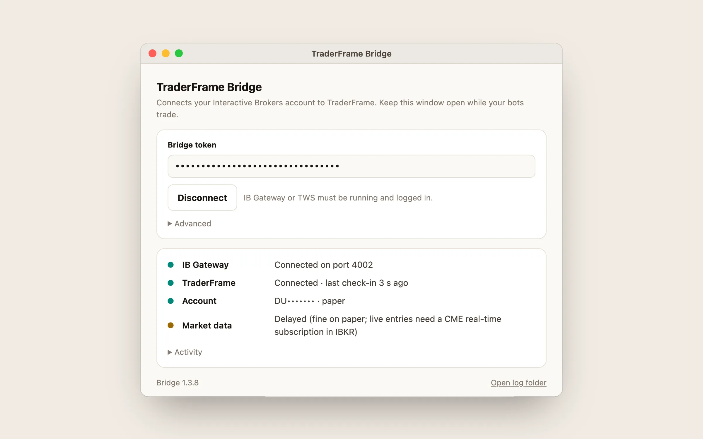 The TraderFrame Bridge window connected: IB Gateway on port 4002, TraderFrame checked in, a paper account and delayed market data