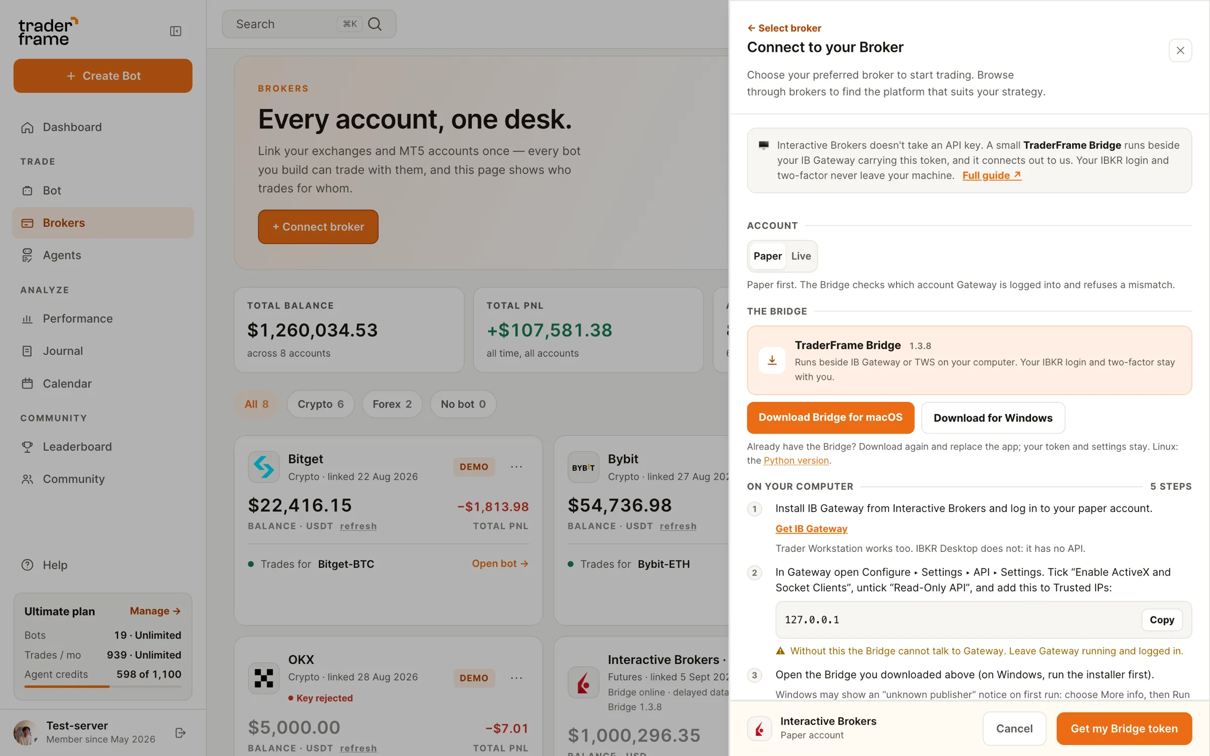 The Interactive Brokers connect sheet in Trader Frame: Paper or Live, the Bridge downloads, and the steps to run on your computer
