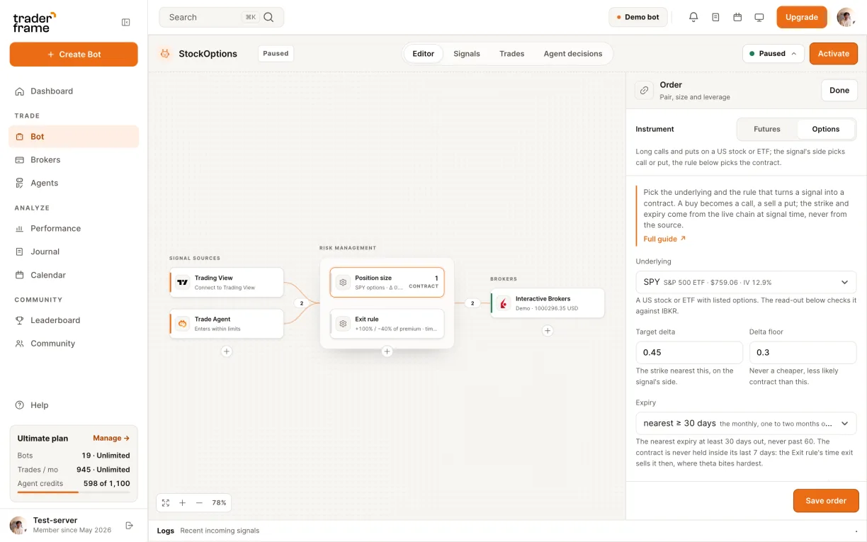 Creating an options bot: picking the Interactive Brokers account, then Options and SPY in the Position size panel