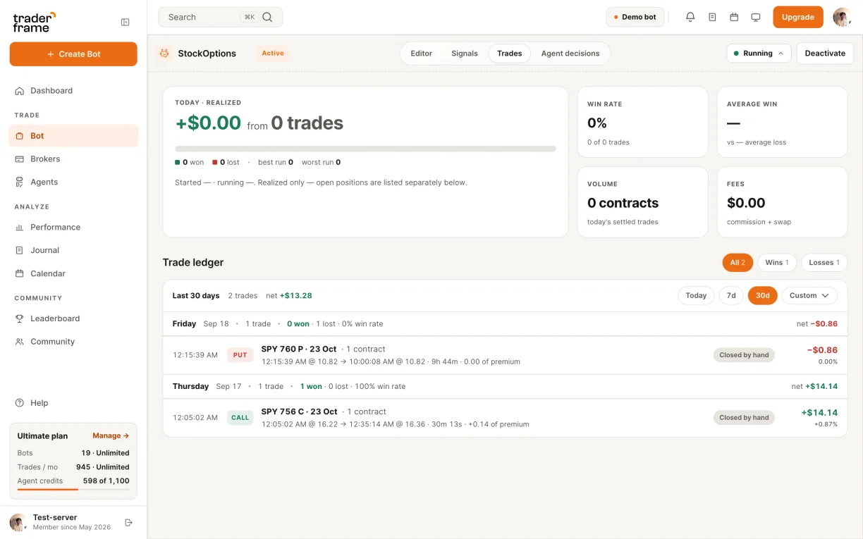 Copying the webhook and alert messages from the TradingView panel, activating the bot, and the Trades tab with a SPY call and a SPY put