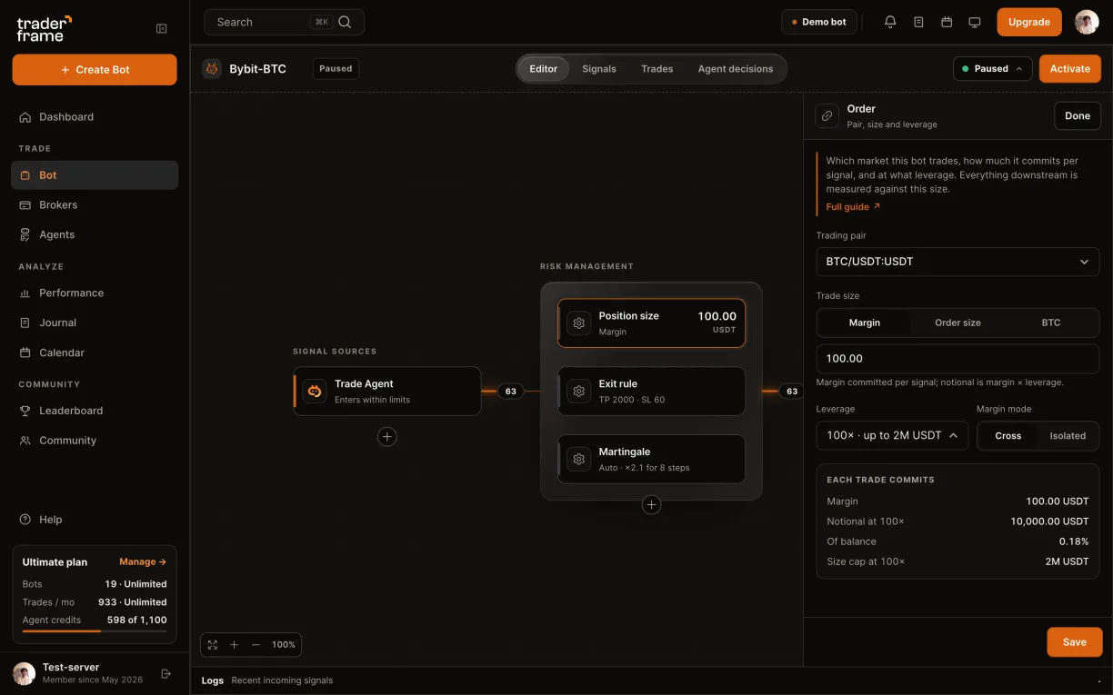 Picking the Bybit account for a bot, then the BTC/USDT pair, trade size, leverage and margin mode in the Position size panel