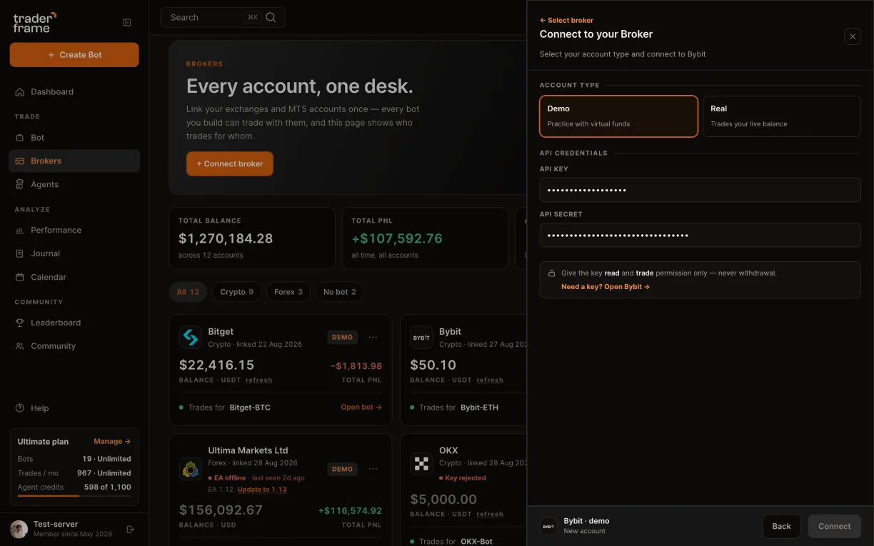 Choosing Demo, pasting a Demo Trading API key and secret, pressing Connect, and the Bybit demo account appearing with its balance