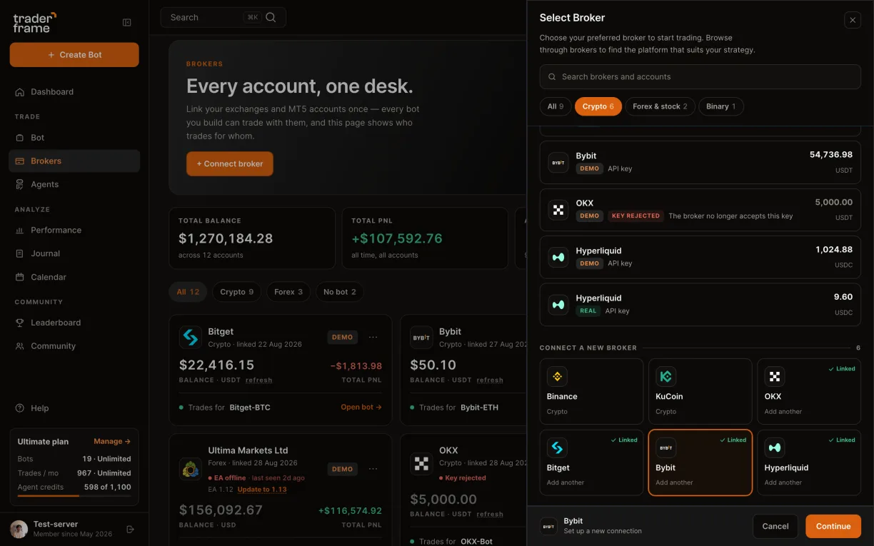 Opening the connect sheet from the Brokers page, picking the Crypto tab and Bybit, and pressing Continue