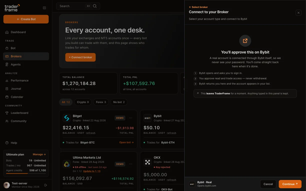 Choosing Real, pressing Connect, the notice explaining the approval on Bybit, and the real Bybit account in the list