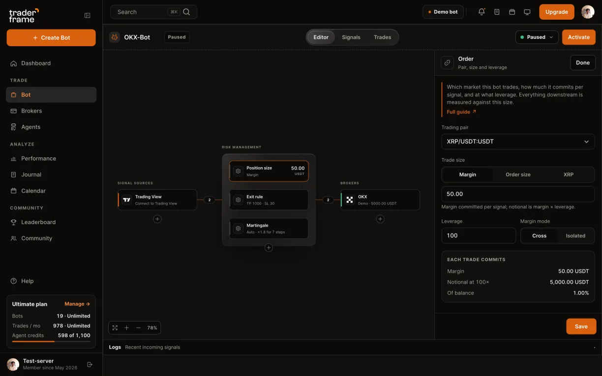 Picking the OKX account for a bot, then the XRP/USDT pair, trade size, leverage and margin mode in the Position size panel