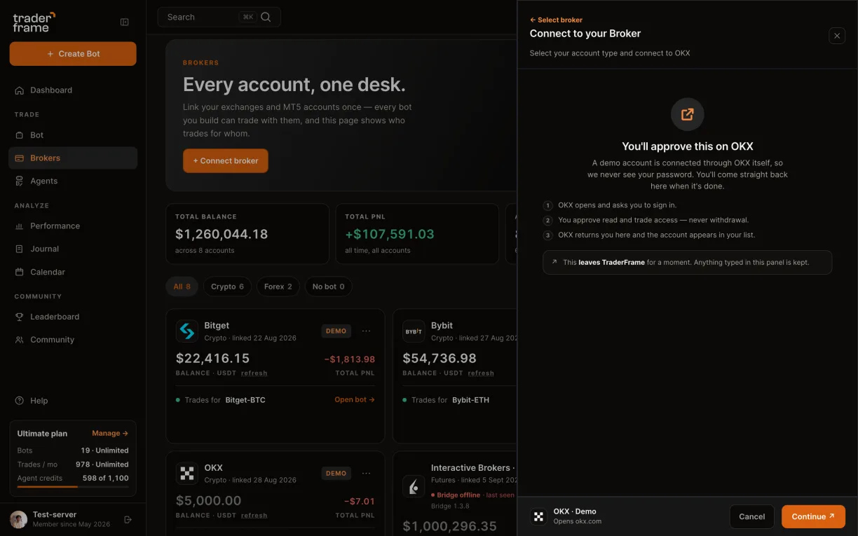 Choosing Demo, pressing Connect, the notice explaining the approval on OKX, and the OKX demo account in the list