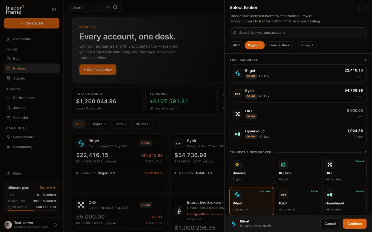 Opening the connect sheet from the Brokers page, picking the Crypto tab and Bitget, and pressing Continue