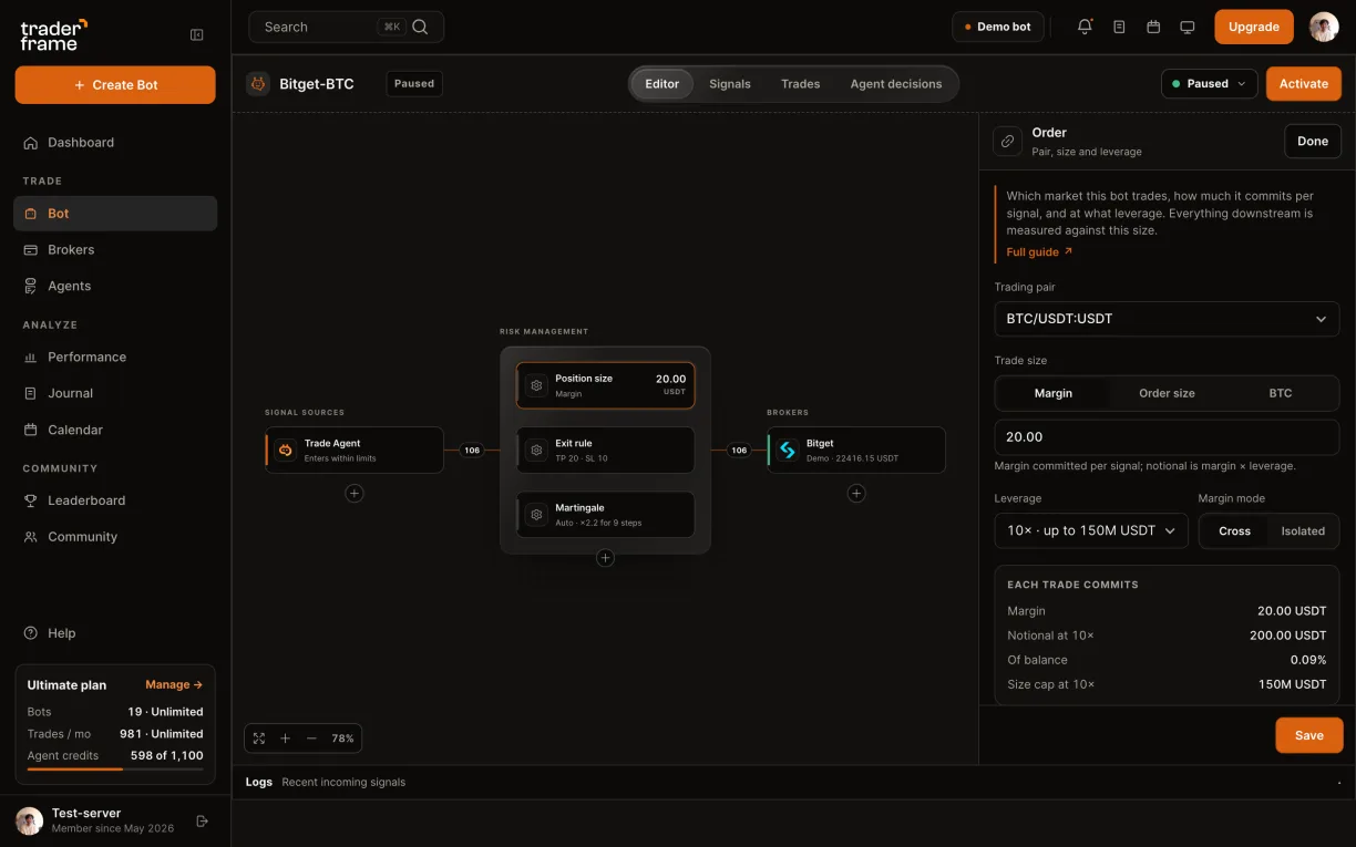 Picking the Bitget account for a bot, then the BTC/USDT pair, trade size, 10× leverage and margin mode in the Position size panel