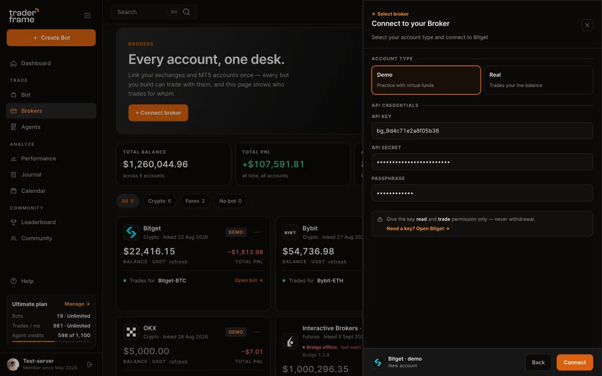 Following the link to Bitget for a key, choosing Demo, pasting the API key, secret and passphrase, pressing Connect, and the Bitget demo account appearing with its balance
