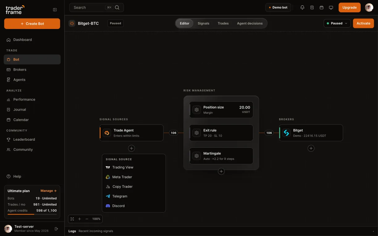 Opening the signal source menu with Trading View, the Trade Agent source that lets Pip trade, and pressing Activate