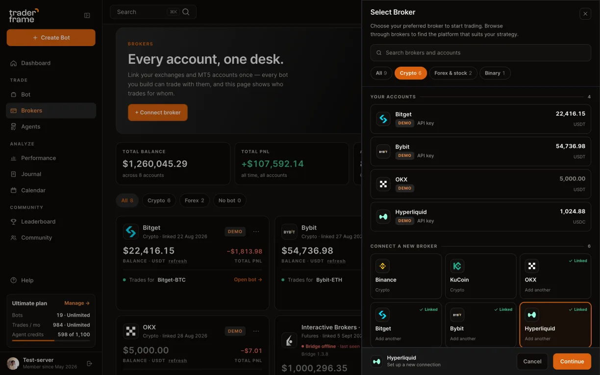 Opening the connect sheet from the Brokers page, picking the Crypto tab and Hyperliquid, and pressing Continue