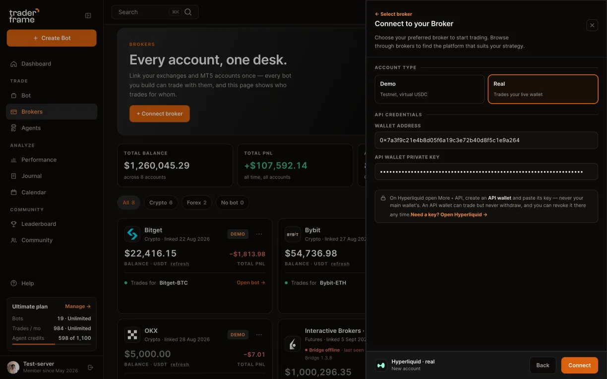 Choosing Real, creating an API wallet on Hyperliquid, pasting the wallet address and the API wallet key, and pressing Connect