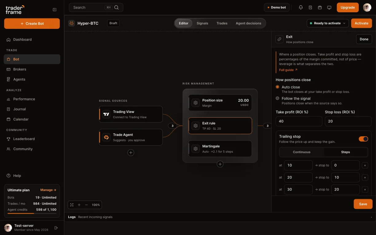The Exit rule panel: auto close, take profit and stop loss in ROI %, trailing steps, the position preview, then Save