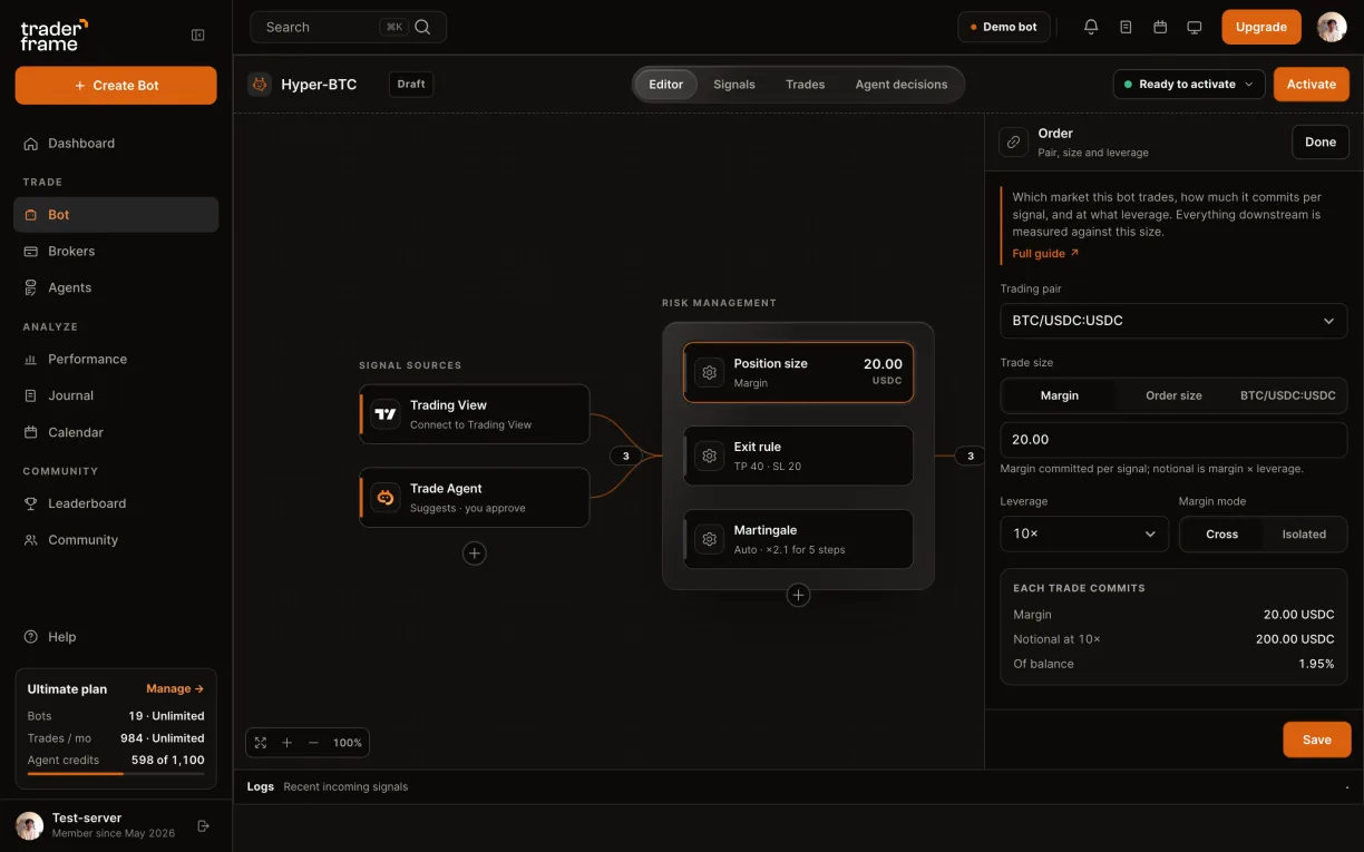 Picking the Hyperliquid account for a bot, then the BTC/USDC pair, trade size, 10× leverage and margin mode in the Position size panel
