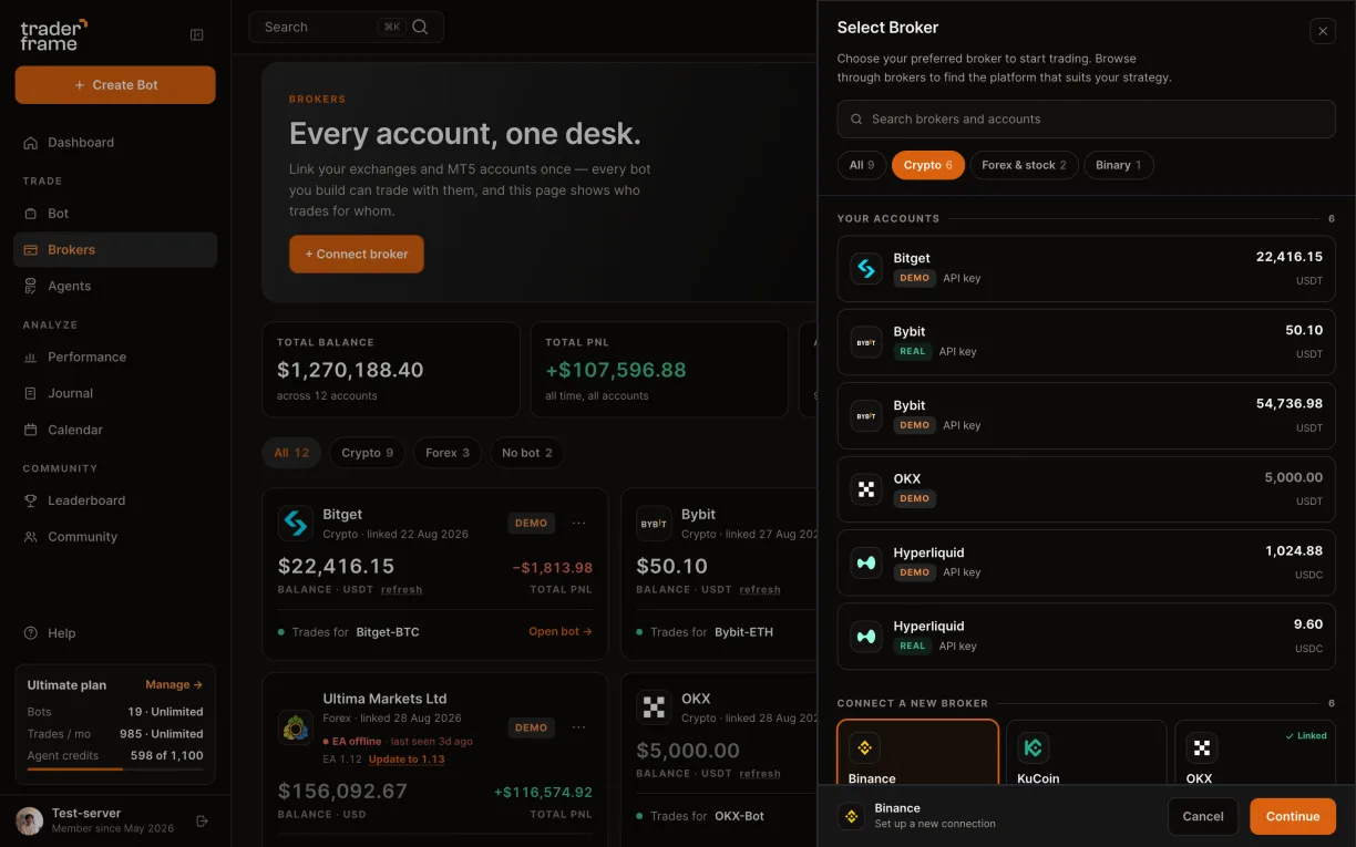 Opening the connect sheet from the Brokers page, picking the Crypto tab and Binance, and pressing Continue