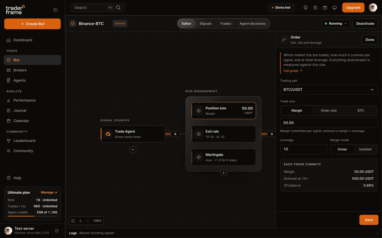 Picking the Binance account for a bot, then the BTC/USDT pair, trade size, 10× leverage and margin mode in the Position size panel