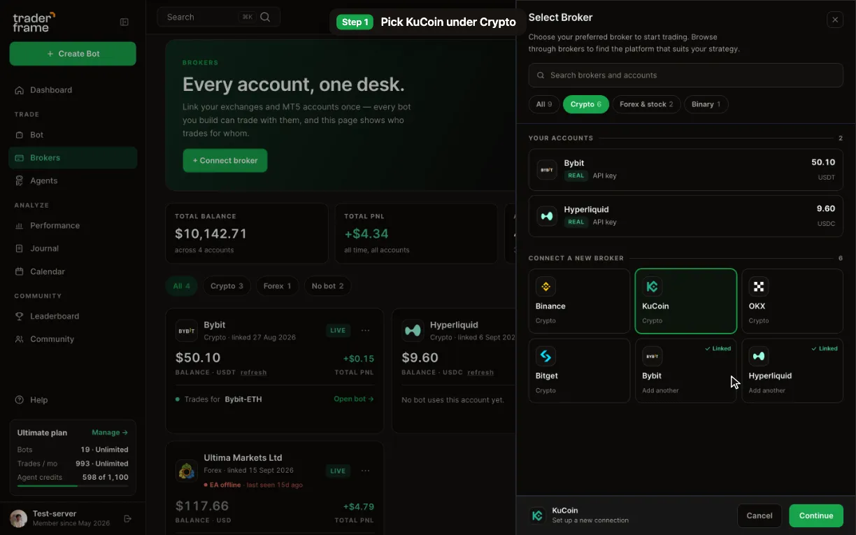 Opening the connect sheet from the Brokers page, picking KuCoin under Crypto, and pressing Continue