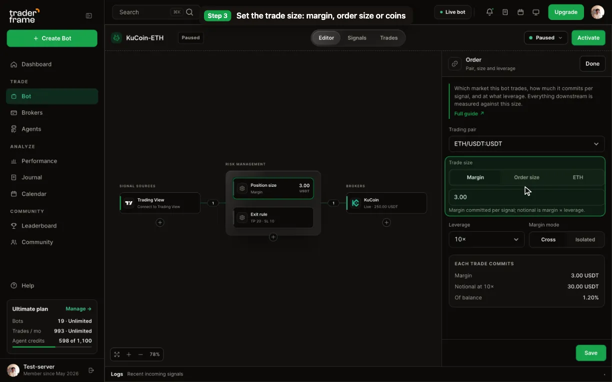 Picking the KuCoin account for a bot, then the ETH/USDT pair, trade size, 10× leverage and margin mode in the Position size panel