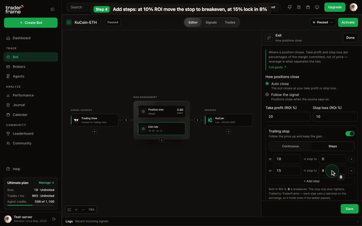 The Exit rule panel: auto close, take profit and stop loss in ROI %, the trailing stop set to Steps with two steps, the position preview, then Save