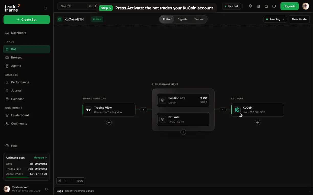 Opening the signal source menu with Trading View, Telegram, Trade Agent and Discord, and pressing Activate