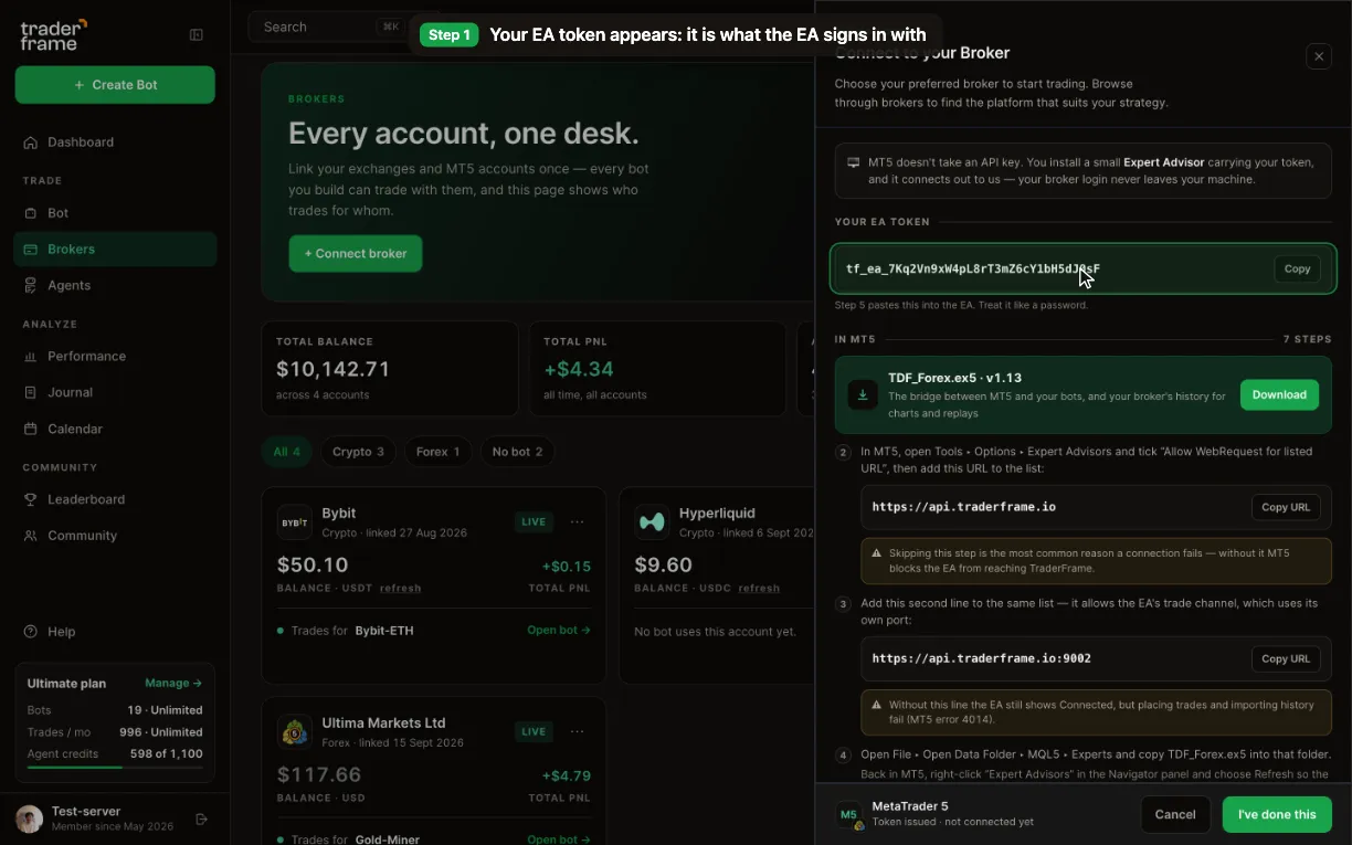 Opening the connect sheet from the Brokers page, picking Forex and stock, then MetaTrader 5, pressing Continue, and the EA token appearing