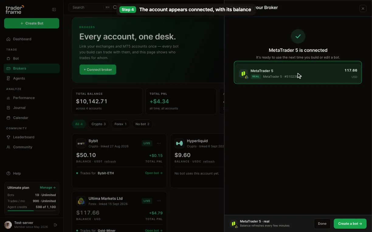 Pressing I’ve done this, Trader Frame listening for the EA, and MetaTrader 5 appearing connected with its balance