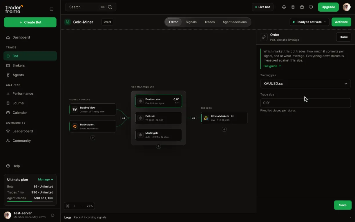 Picking the MetaTrader 5 account for a bot, then the XAUUSD symbol and a 0.01 lot in the Position size panel