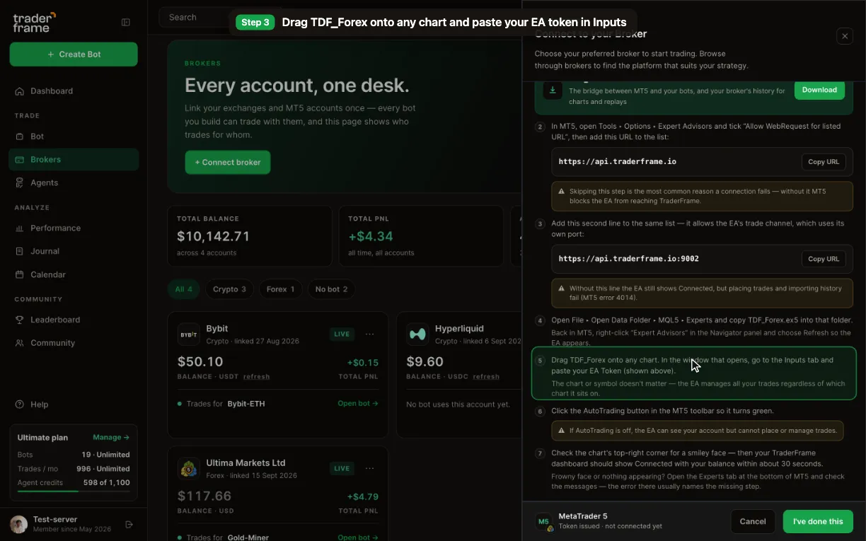 The connect sheet’s MetaTrader 5 steps: copying the EA into MQL5 Experts, attaching it with the token, turning AutoTrading on and checking the smiley face