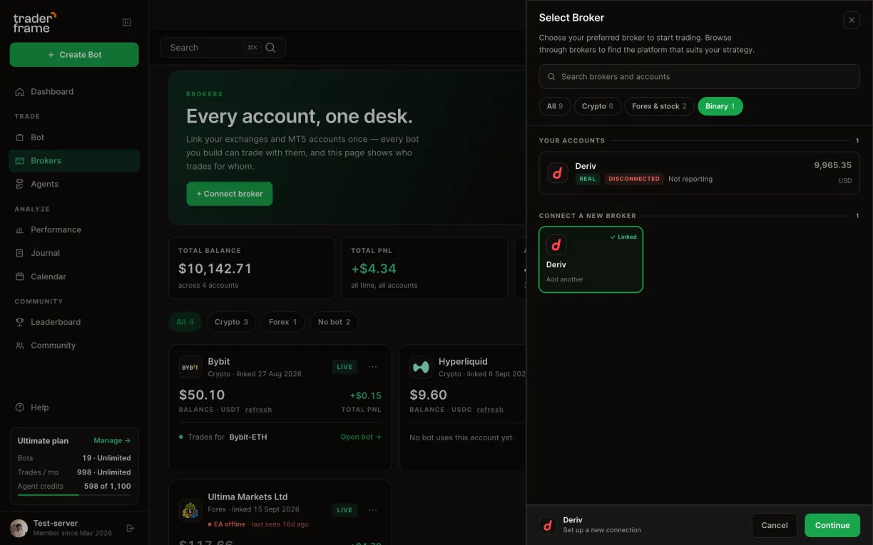 Opening the connect sheet from the Brokers page, picking Binary, then Deriv, pressing Continue, and choosing Demo