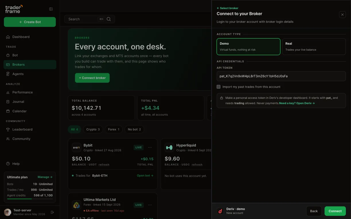 The token hint in the connect sheet, a pat_ token pasted into API token, pressing Connect, and the Deriv demo account appearing with its balance