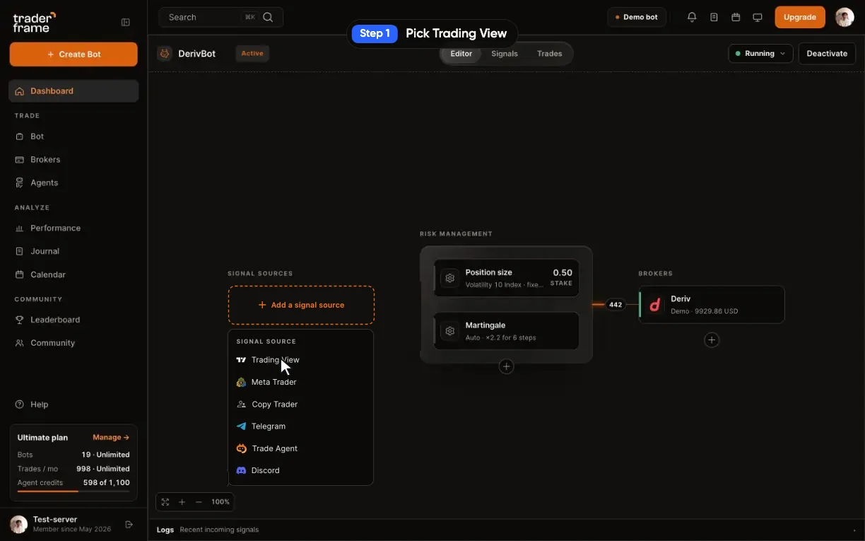 A bot with no signal source: pressing Add a signal source, picking Trading View, the node filling in and the Trading View panel opening