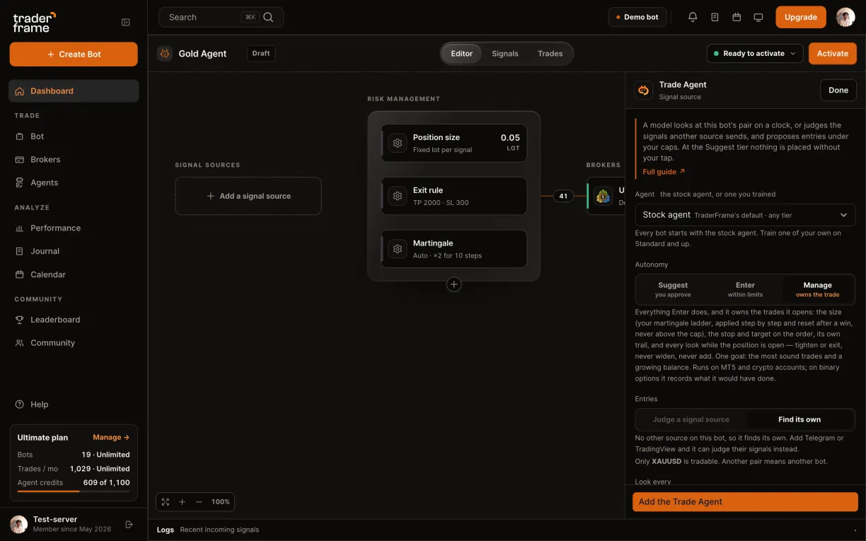 In the Trade Agent panel: the Agent menu with the stock agent and trained agents, then the Suggest, Enter and Manage tiers
