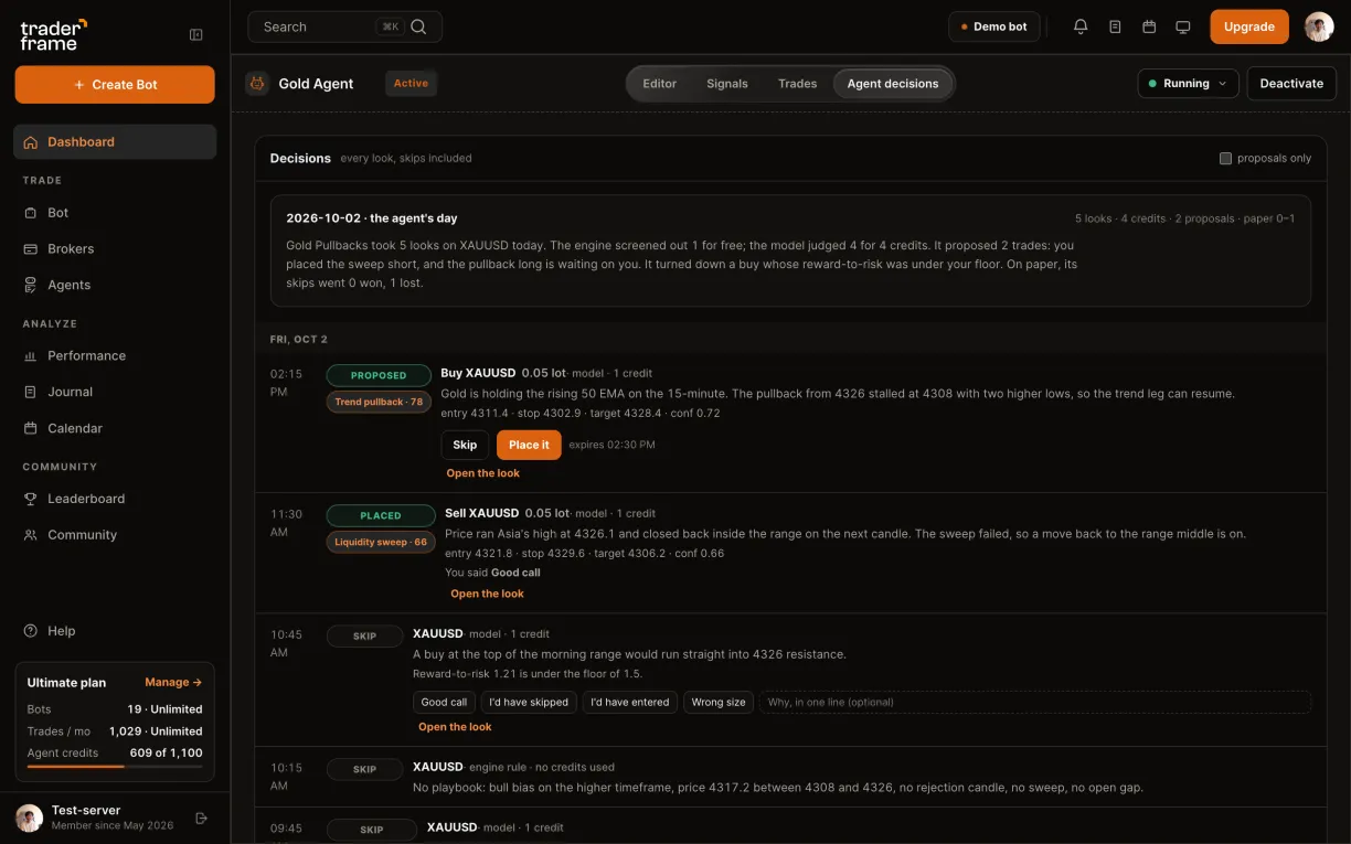 Activating the bot, then the Agent decisions tab: a proposal with Place it and Skip, a placed trade, and skips with reasons