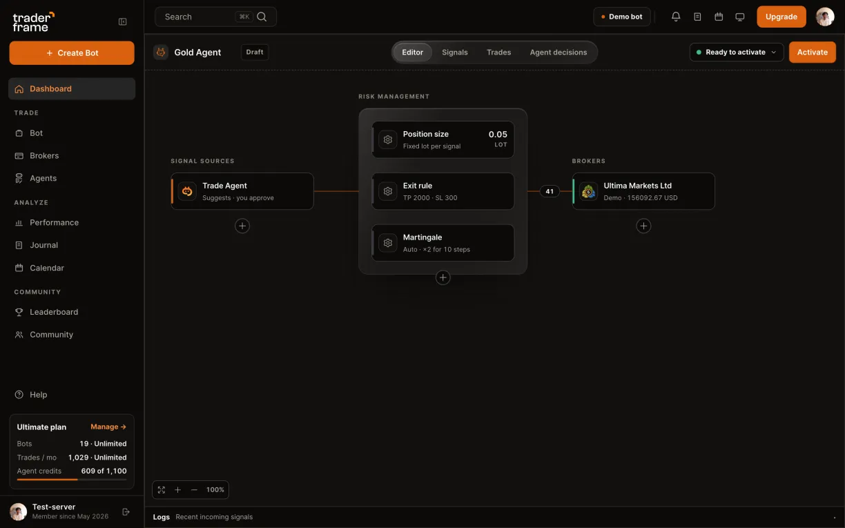 Choosing Claude Sonnet 5, then pressing Add the Trade Agent; the agent fills the Signal sources slot