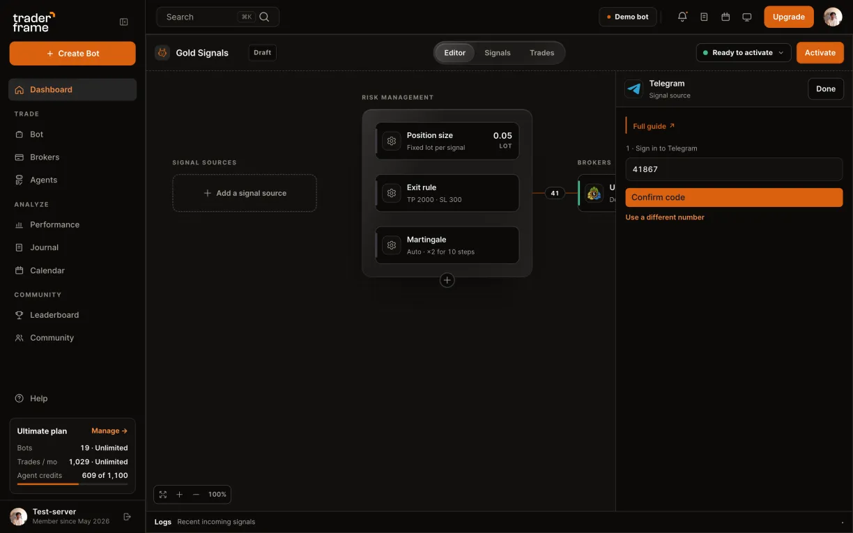 Typing a phone number, sending the code, typing the code Telegram sent, and the panel showing Connected