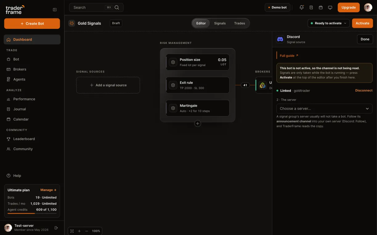 Pressing Continue with Discord, authorizing on Discord, and the panel showing Linked