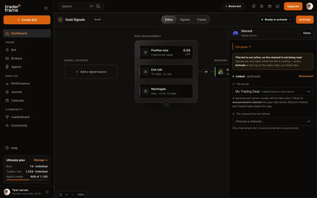 Choosing My Trading Desk, adding the TraderFrame bot on Discord with two read permissions, refreshing, and the server ready
