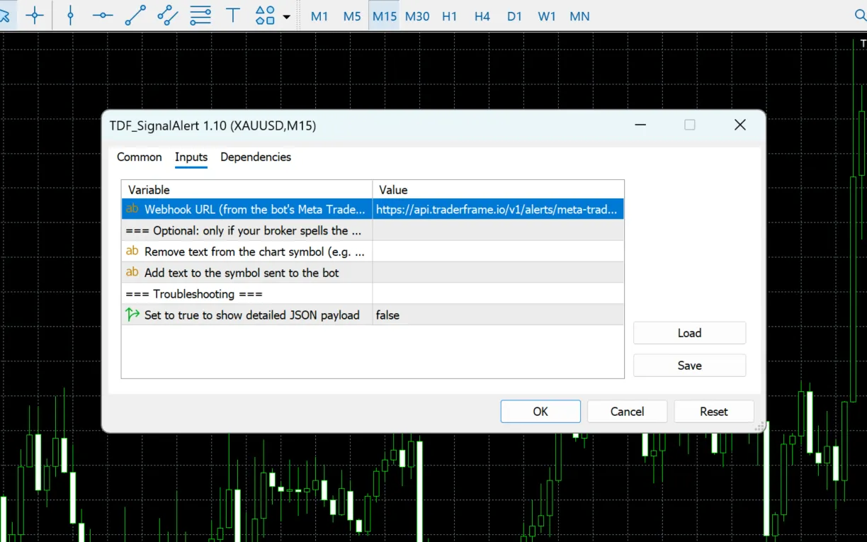 Copying the webhook from the panel, then the TDF_SignalAlert 1.10 dialog in MetaTrader 5: Allow DLL imports on Dependencies, and the webhook pasted into Webhook URL on Inputs