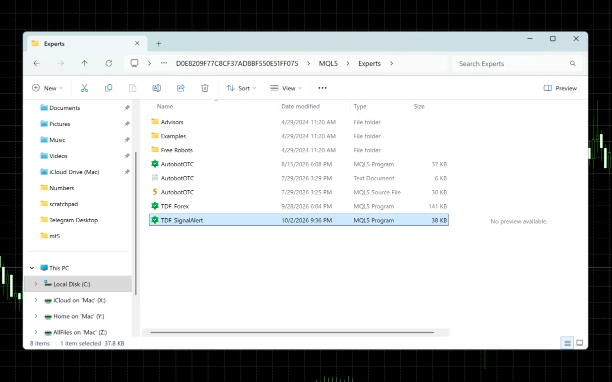 MetaTrader 5: File, Open Data Folder, then the MQL5 Experts folder with TDF_SignalAlert in it