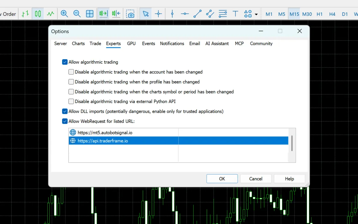Copying https://api.traderframe.io from the panel, then MetaTrader 5 Options, Expert Advisors, with Allow DLL imports and Allow WebRequest ticked and the address listed