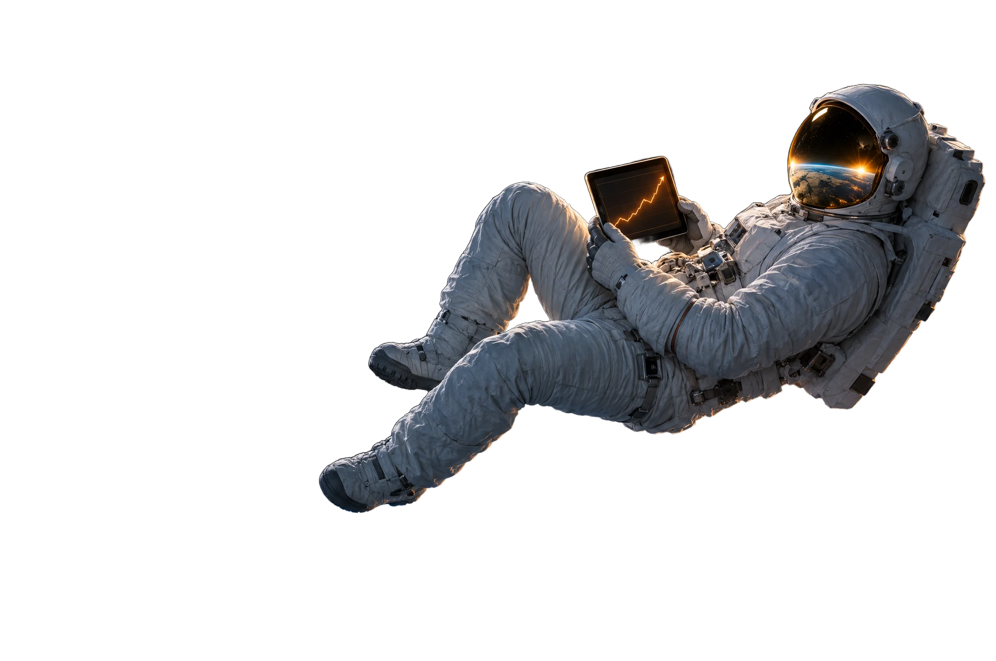An astronaut floating relaxed above Earth, leaning back and checking a tablet that shows a rising orange chart