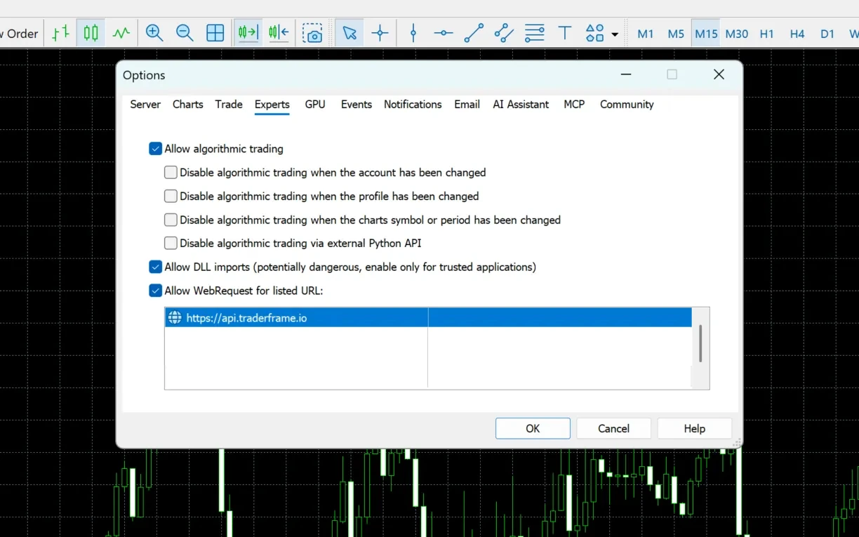 Copying https://api.traderframe.io from the panel, then MetaTrader 5 Options, Expert Advisors, with Allow DLL imports and Allow WebRequest ticked and the address listed